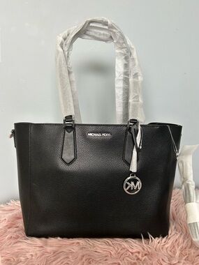 Michael Kors Black Pebbled Leather Tote with Logo Charm